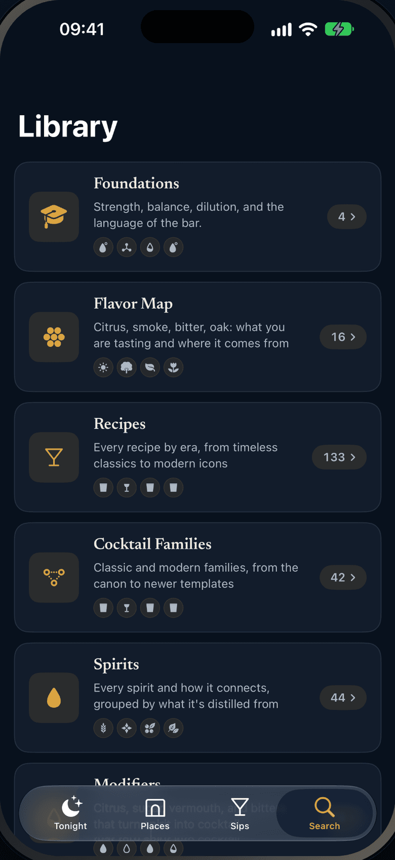 Sippy's Library: foundations, a flavor map, recipes, cocktail families and spirits.