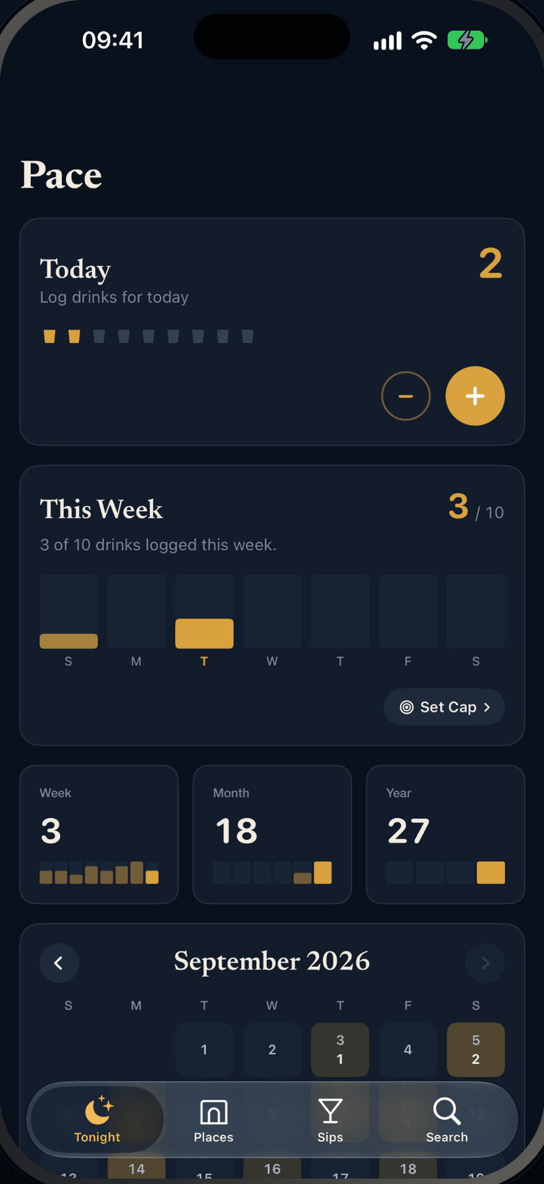 Sippy's Pace screen: drinks logged today and this week against a cap of ten.