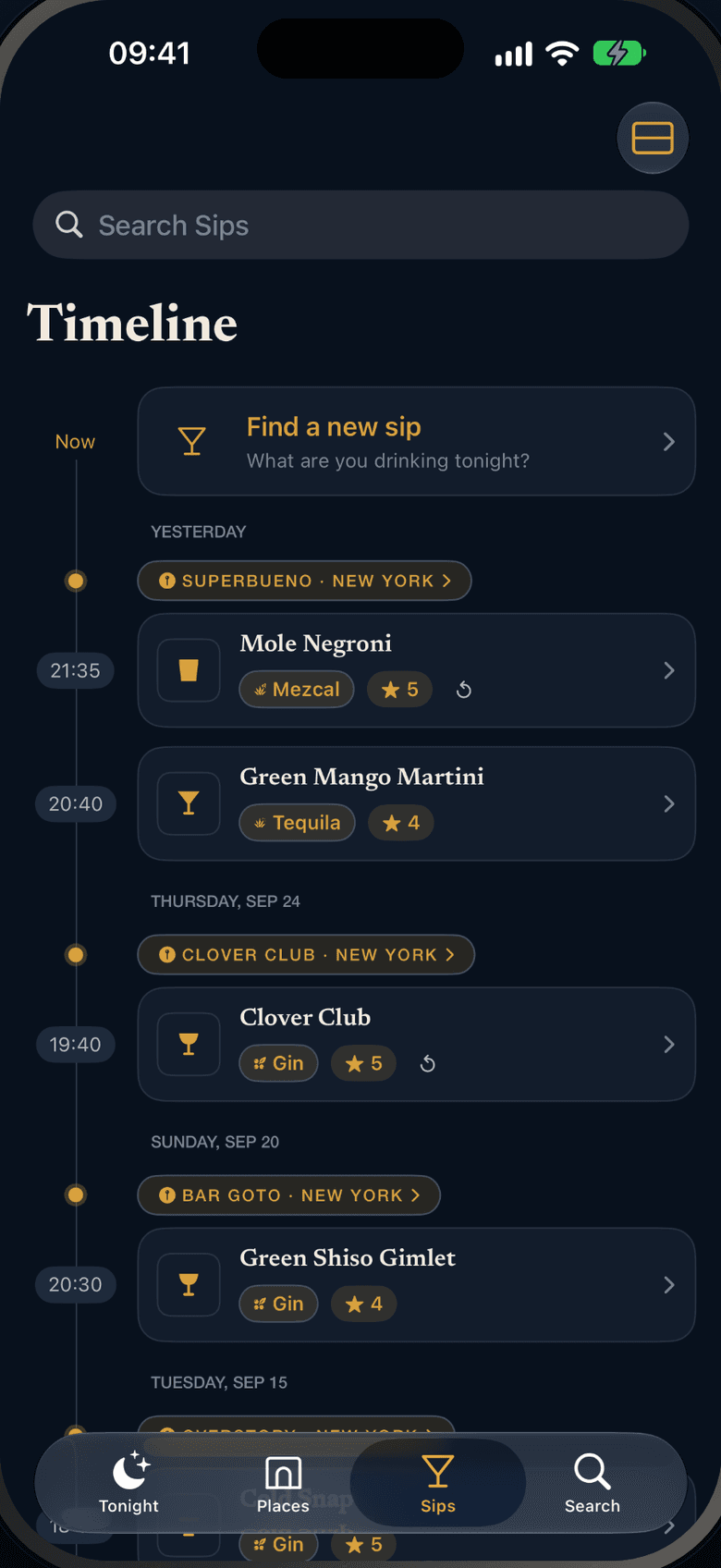 A timeline of logged drinks by night and bar, each with its base spirit and rating.